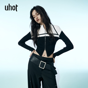 uhot 显瘦百搭UWWA1Z059 诱货黑白色拼接针织上衣双头拉链设计修身