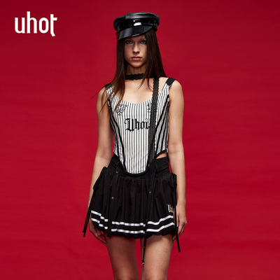 诱货夏季黑白撞色露肩系带背心