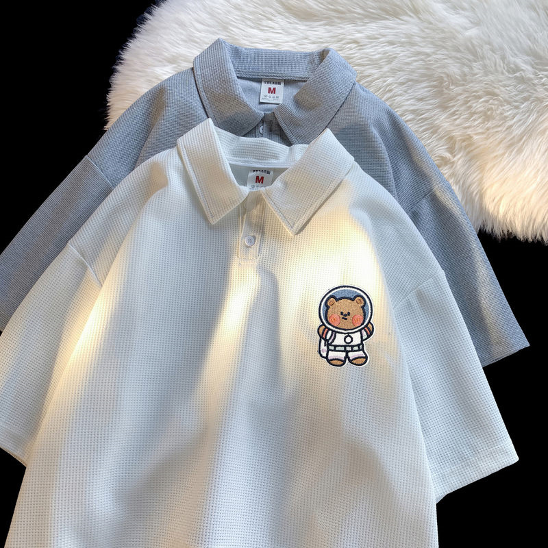 ins翻领polo衫男生设计感华夫格短袖t恤男夏季潮牌小众情侣装体恤