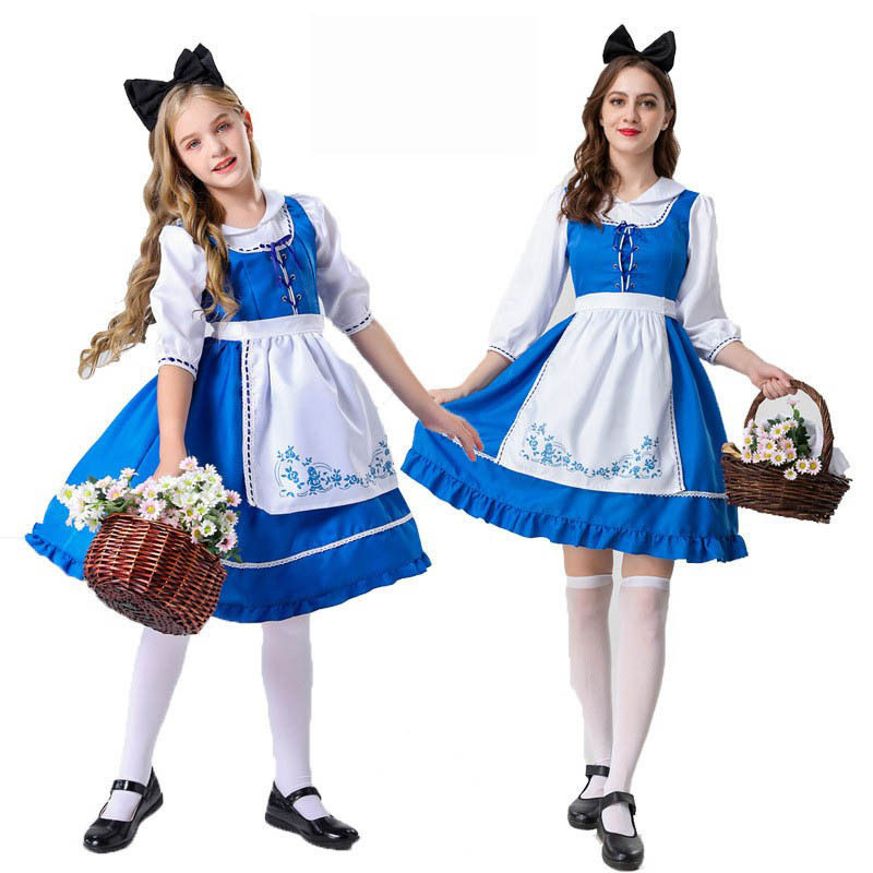 万圣节 爱丽丝梦游仙境cosplay成人儿童蓝白色裙子女仆田园扮演服