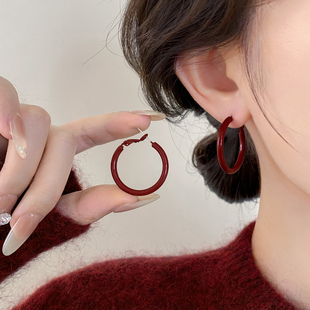 酒红色复古圈圈耳环女2026新款爆款纯银针耳钉气质夸张高级感耳饰