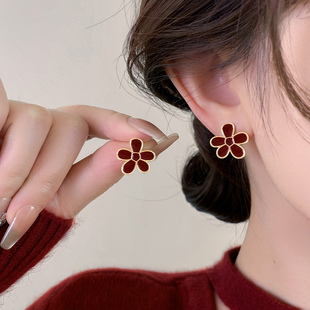 安可拉红色花朵滴釉耳钉女2026新款爆款纯银针耳环轻奢高级感耳饰