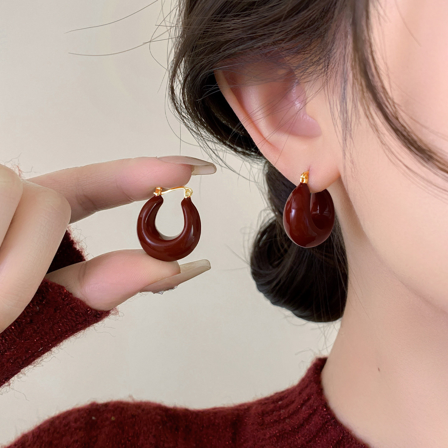 酒红色复古圈圈耳环女2026新款爆款纯银针耳钉气质耳圈高级感耳饰