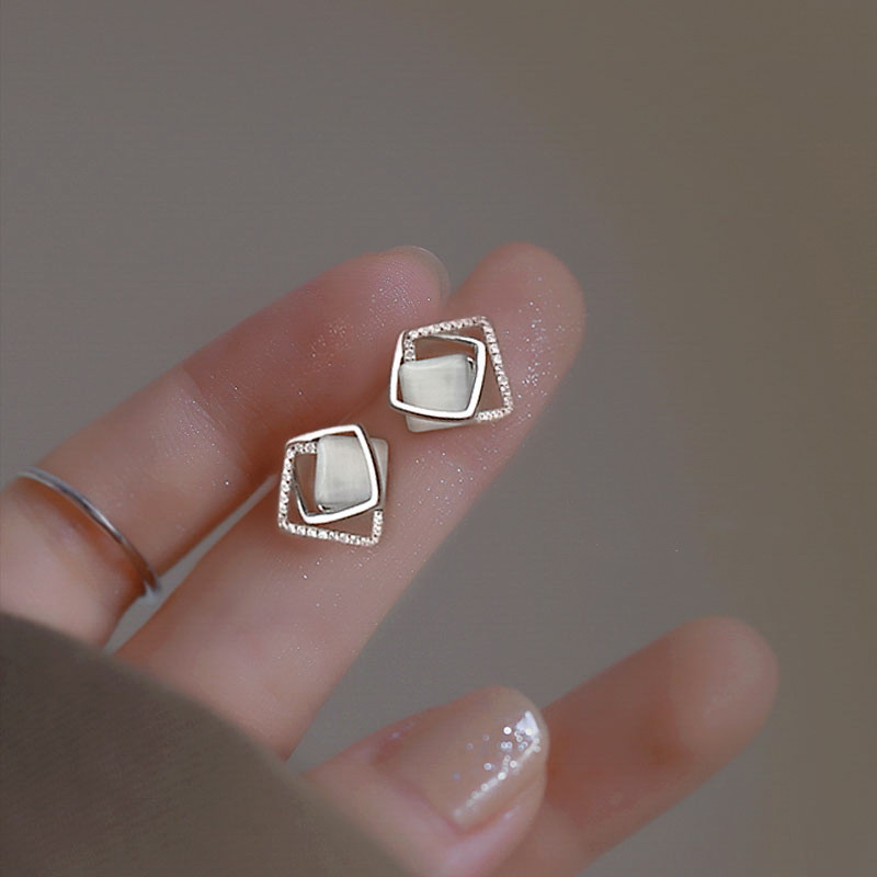 伊灿纯银耳钉菱形猫眼石耳环女