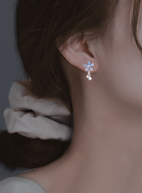 蓝色花朵耳环2025年新款潮夏季水钻耳坠养耳洞耳钉女S999银针耳饰
