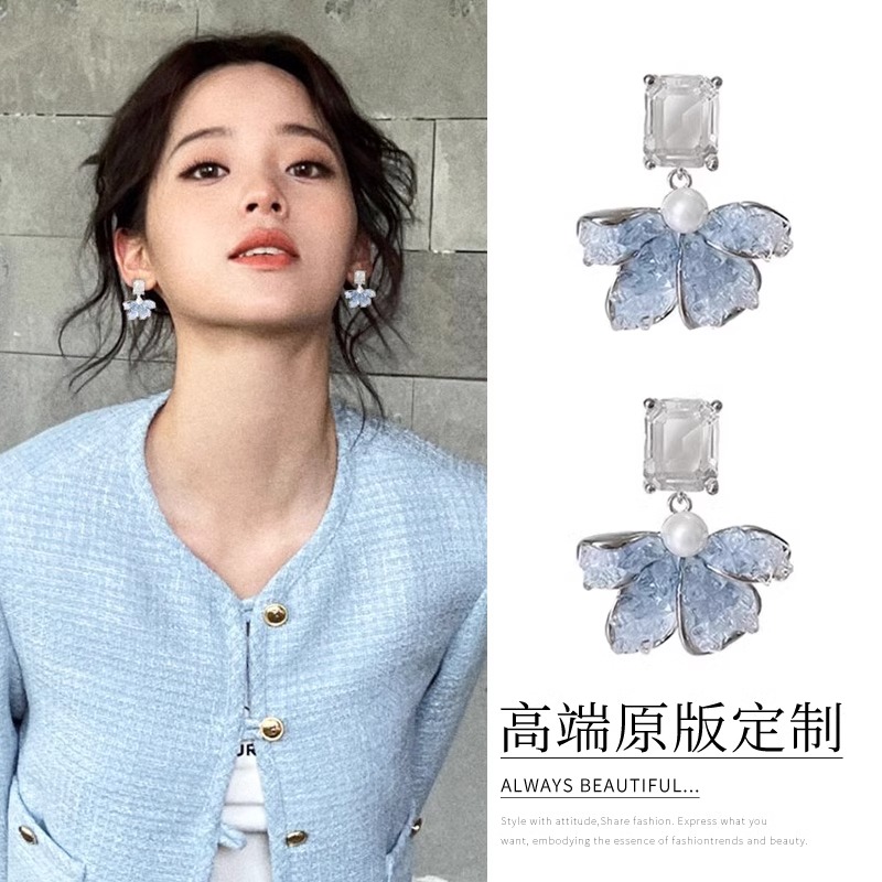 欧阳娜娜同款水晶花朵珍珠耳环女纯银耳夹耳钉2025年新款爆款耳饰