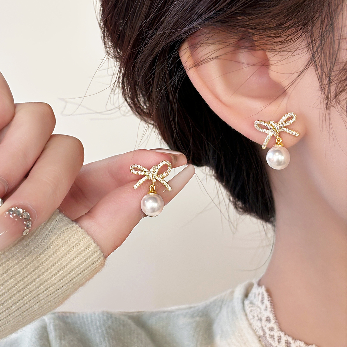 伊灿韩国蝴蝶结珍珠耳钉女纯银