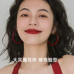 酒红色夸张大圈圈耳环女纯银高级感轻奢耳圈2025新款爆款耳扣耳饰