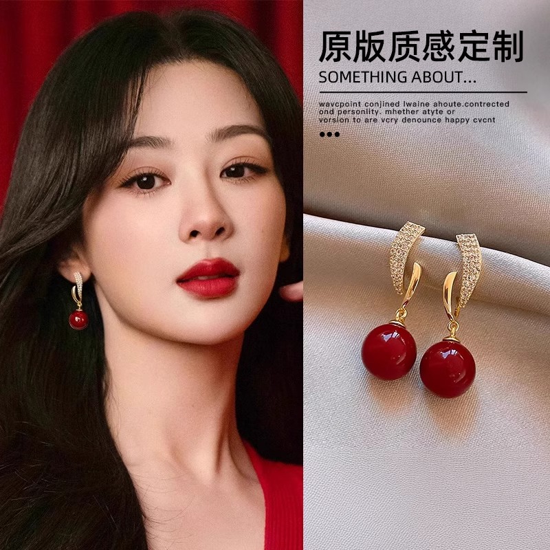 杨紫同款酒红色珍珠耳钉女纯银绝美水钻耳夹耳环2025新款爆款耳饰