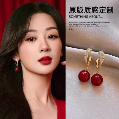 伊灿杨紫同款酒红色珍珠耳钉女