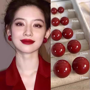 S999纯银针酒红色珍珠耳钉女2025年新款高级感耳环无耳洞耳夹耳饰