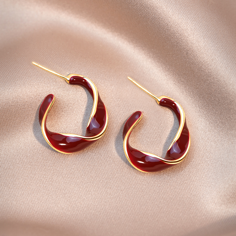 红色滴釉圆圈耳钉女2025款爆款纯银针耳环小众设计感百搭气质耳饰