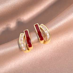 安可拉红色镶钻耳环女2025新款爆款高级感纯银针耳钉小众气质耳饰