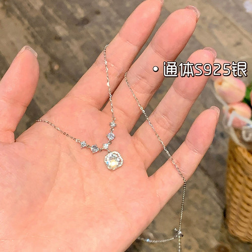 伊灿名媛方形锆石通体纯银项链女