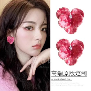 杨超越同款红色镶钻花朵耳钉女纯银超仙耳夹耳饰2025新款爆款耳环