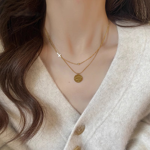 伊灿双层叠戴圆牌项链女