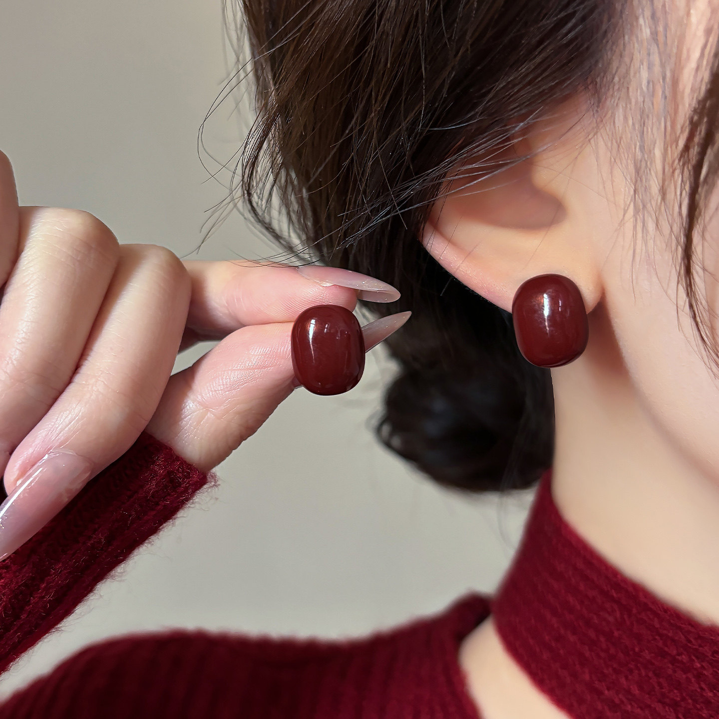 复古酒红色圆形滴釉耳钉女2026新款爆款高级感耳环气质纯银针耳饰,饰品/流行首饰/时尚饰品新,耳钉,淘宝优惠券,粉丝福利购,淘宝优惠卷