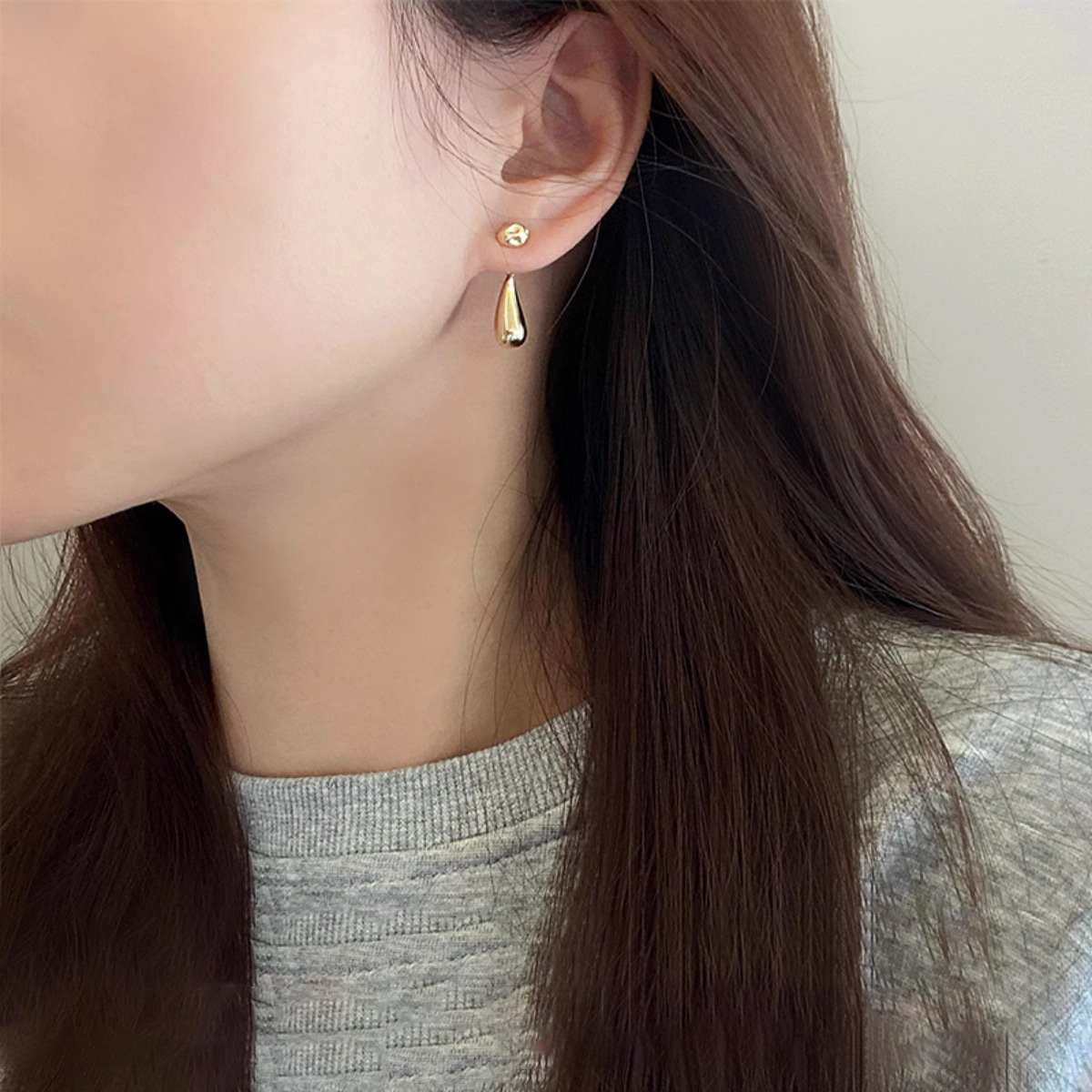 韩国一款两带水滴耳钉女纯银