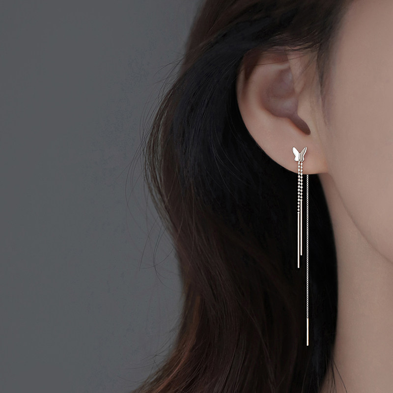 伊灿长款纯银流苏蝴蝶耳线女