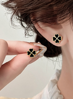 S999纯银针黑色4 叶草耳钉女2025新款爆款耳夹耳环高级感气质耳饰