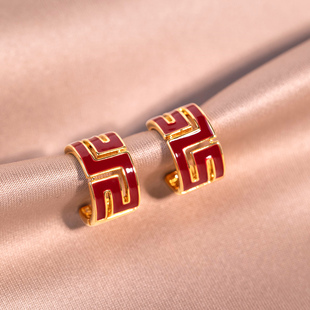 安可拉红色几何图形耳钉女2025新款爆款高级感纯银针耳环时尚耳饰