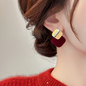 新年酒红色丝绒亮片耳钉女纯银优雅气质耳环2025新款爆款时尚耳饰