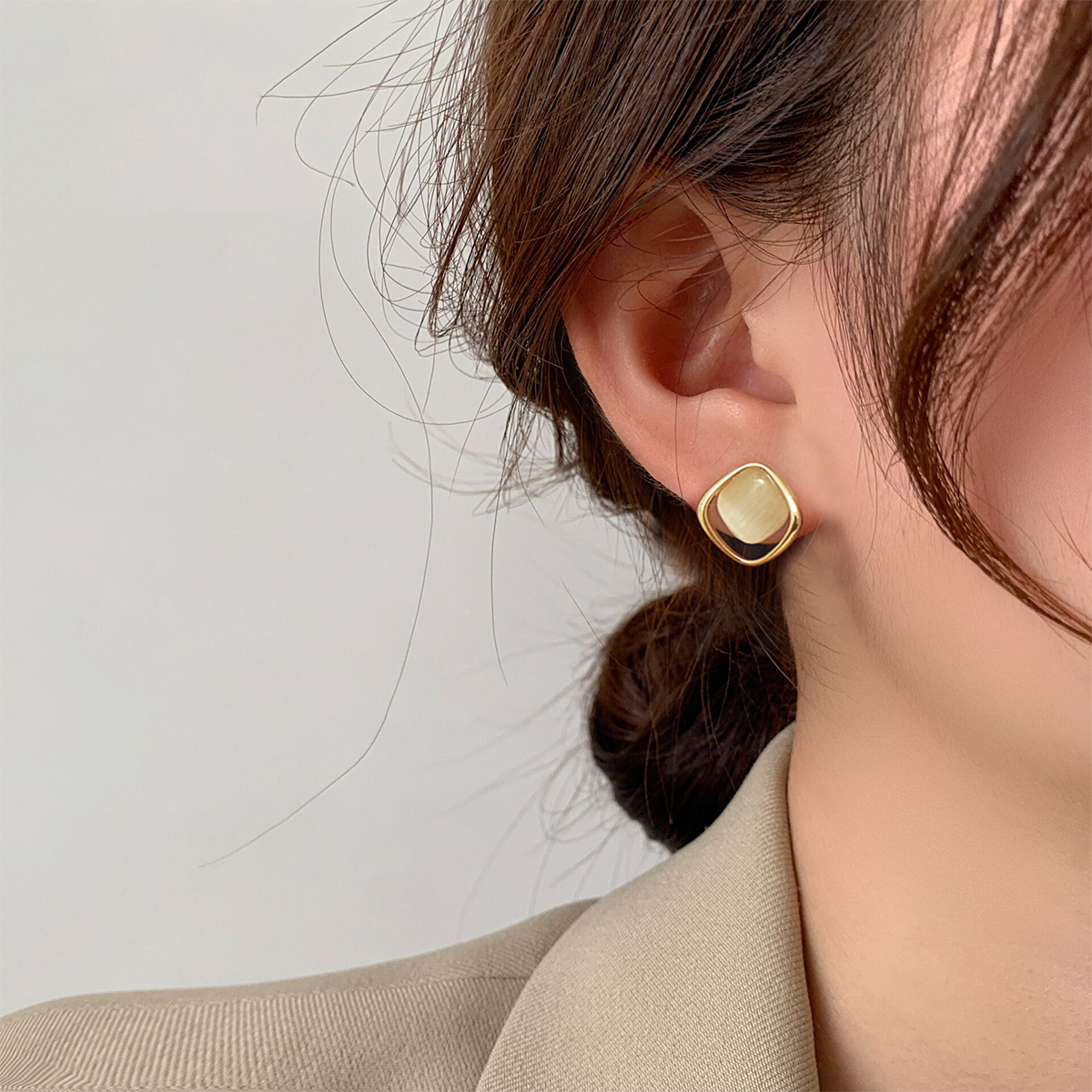 伊灿纯银菱形耳钉猫眼石耳环女