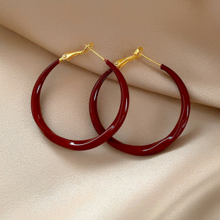 红色滴釉大圈圈耳环女纯银高级感轻奢耳圈2025年新款爆款百搭耳饰