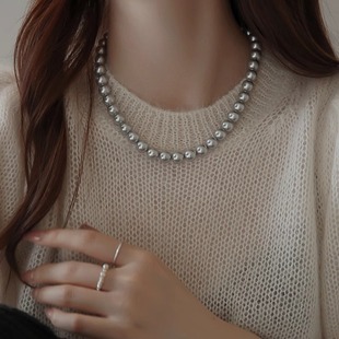 真多麻灰色正圆珍珠项链女秋冬毛衣链2025新款 气质高级感颈链 爆款