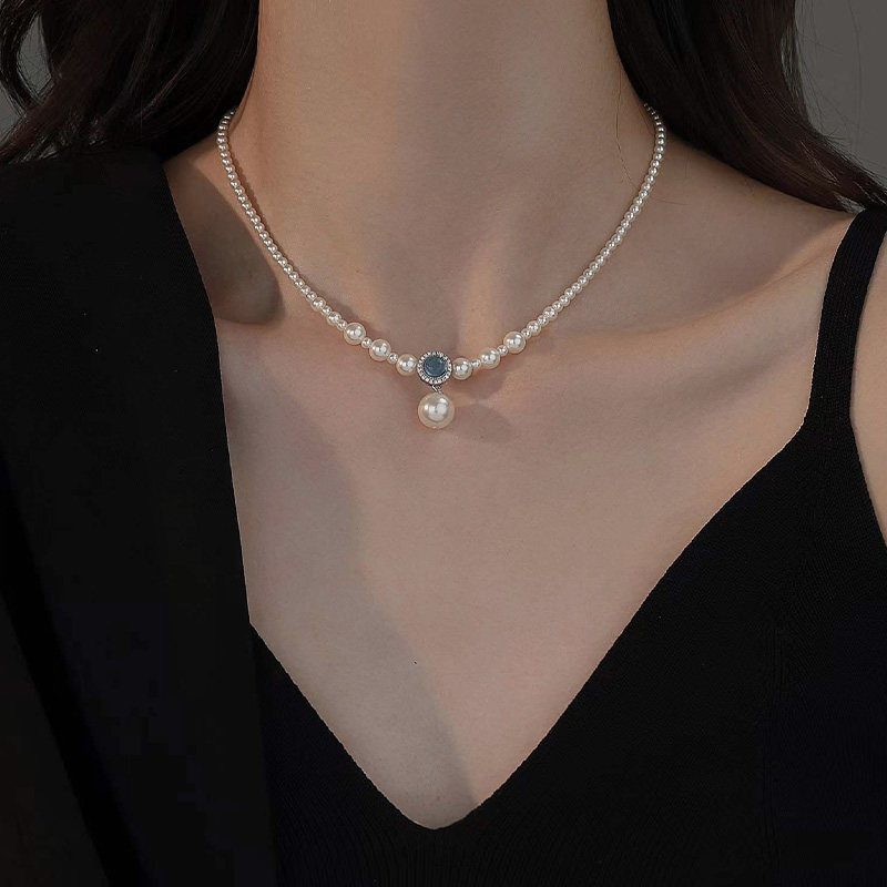 高亮蓝宝石珍珠小米珠项链女2025新款爆款气质颈链吊坠配饰锁骨链