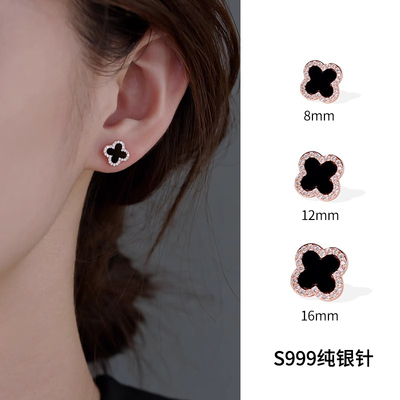 伊灿S999纯银针黑色四叶草耳钉女