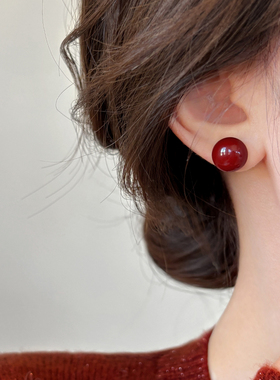 S999纯银针红色珍珠耳钉女高级感无耳洞耳夹2025新款爆款耳环耳饰