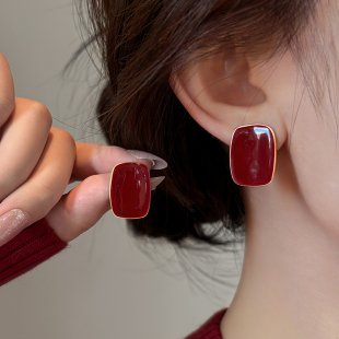 轻奢方形红色滴釉耳钉女纯银高级感无耳洞耳夹2025款爆款耳环耳饰