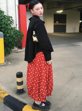 正确版】复古日系红波点茧型花苞裙松紧腰花苞中长半身裙2025秋冬