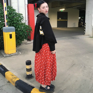 正确版 复古日系红波点茧型花苞裙松紧腰花苞中长半身裙2025秋冬