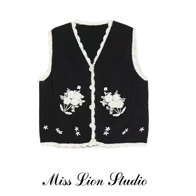 法式针织花边马甲女2024秋