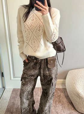 正确版】2025秋冬圆领镂空图案宽松套头时尚设计感气质长袖毛衣女