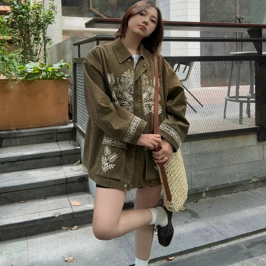 H型水洗绣花衬衫式外套