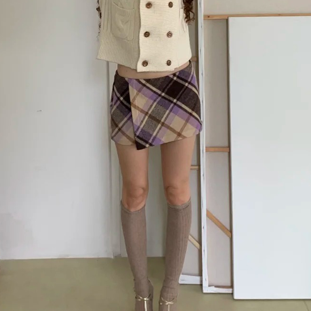 不正可退】撞色斜格纹搭片毛呢A字裙短裙秋冬百搭显瘦半身裙子