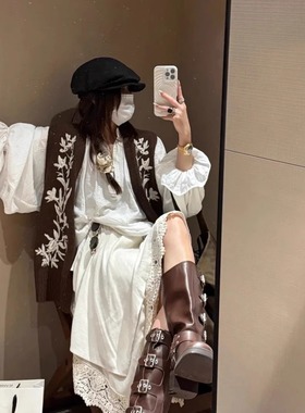 正确版】花式纱绣花肌理感马夹宽松V领针织无袖开衫马甲上衣女