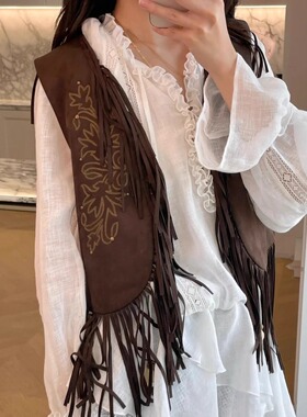 正确版】游牧民族风麂皮绒马甲背心秋季复古绣花流苏马夹外套上衣