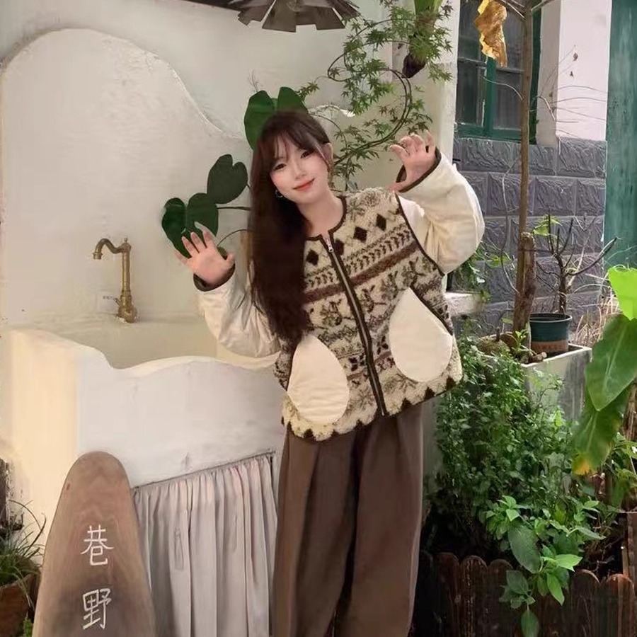 复古费尔岛棉服女假两件摇粒绒