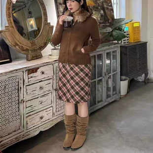 正确版 裙子 复古高腰直筒格子毛呢半身裙女加厚显瘦五分裙冬季