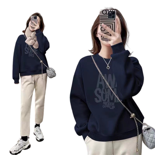 黑色纯棉欧货圆领卫衣女春秋款2023年新款宽松长袖小个子上衣ins