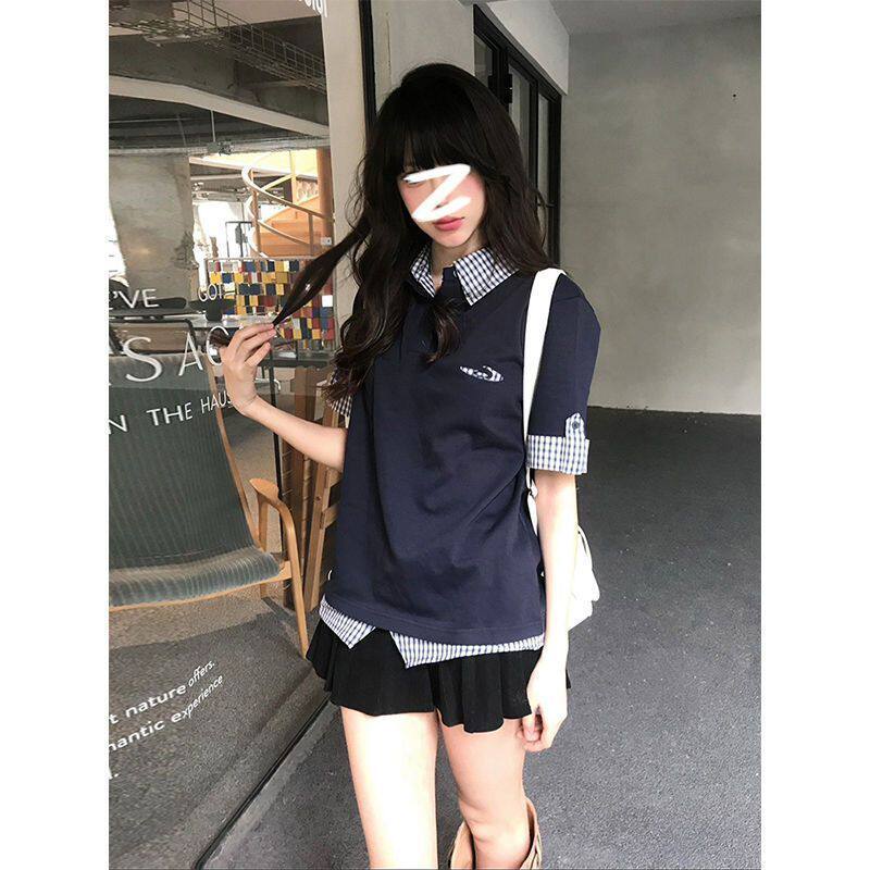 美式复古短袖polo衫女夏季miu系格纹拼接假两件t恤修身显瘦上衣潮