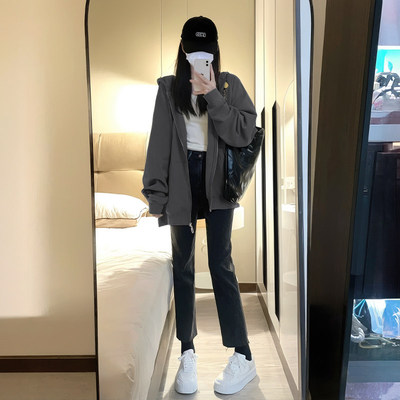 藏青色卫衣外套女秋冬季