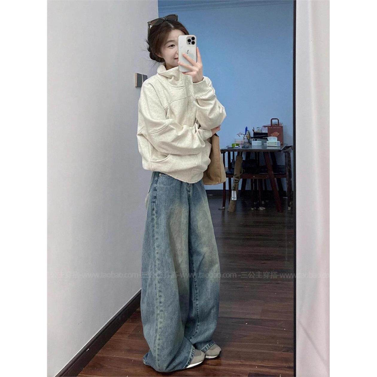 巨好看的早秋一整套2025韩系卫衣外套小个子阔腿牛仔裤穿搭套装女