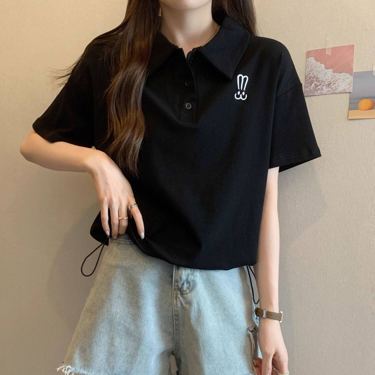 夏季女装2025年新款POLO领韩版正肩短袖t恤女小个子短款上衣ins潮
