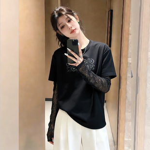 独特超好看黑色长袖t恤女2026新款爆款春季设计感蕾丝假两件上衣