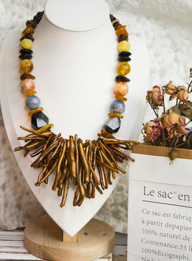 二梦三青【东海龙宫】原创小众琥珀项链女时尚皮镶毛衣链多长高级